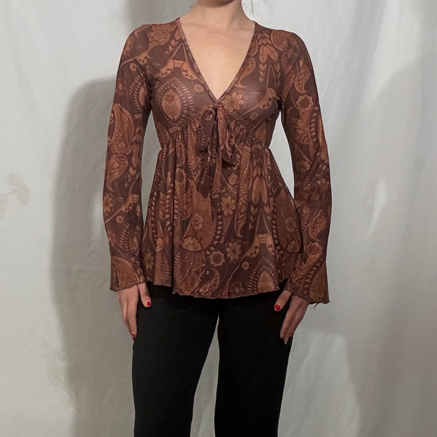 Vintage Y2K Brown paisley print bell sleeves top - Small