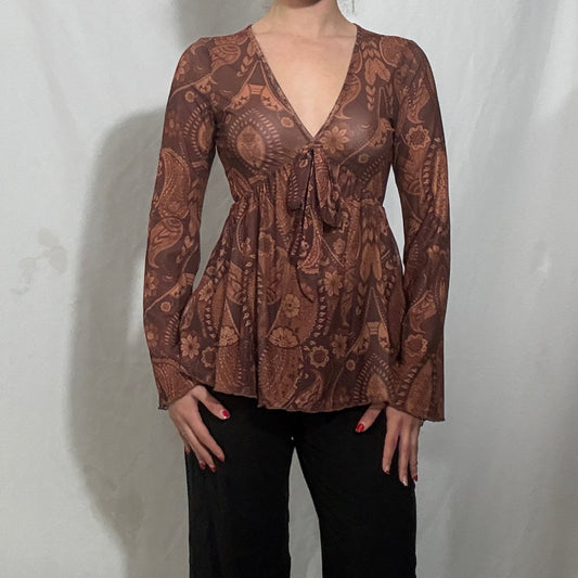 Vintage Y2K Brown paisley print bell sleeves top - Small