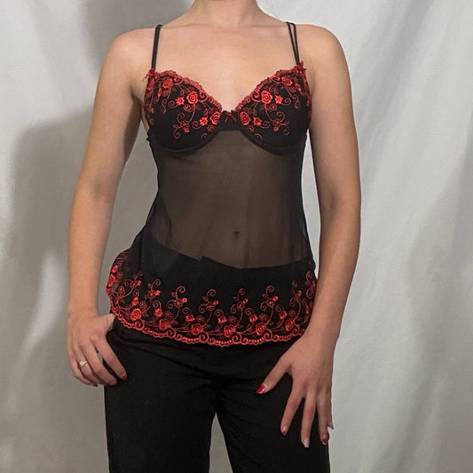 Vintage Y2K black lace sheer strappy cami top with red detailing - Small