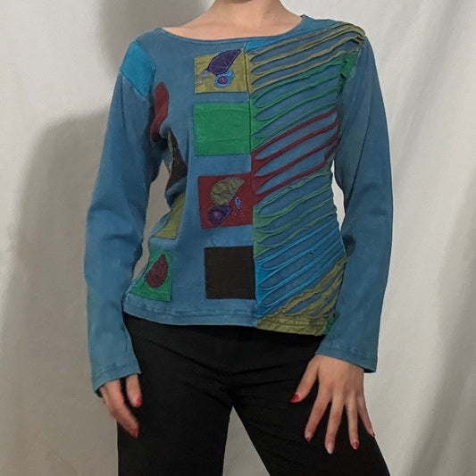 Vintage Y2K Blue and multi-coloured boho patchwork long sleeve top - Medium