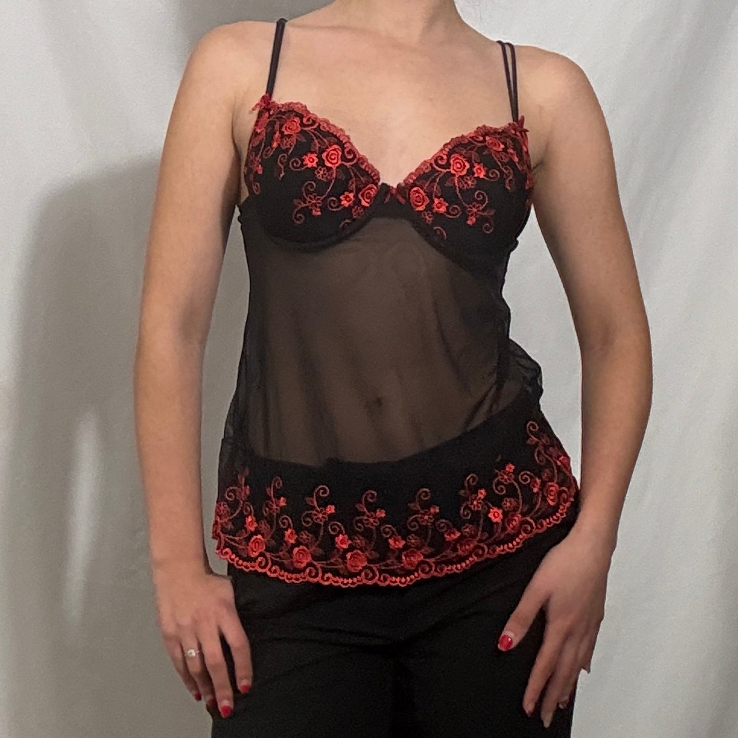 Vintage Y2K black lace sheer strappy cami top with red detailing - Small