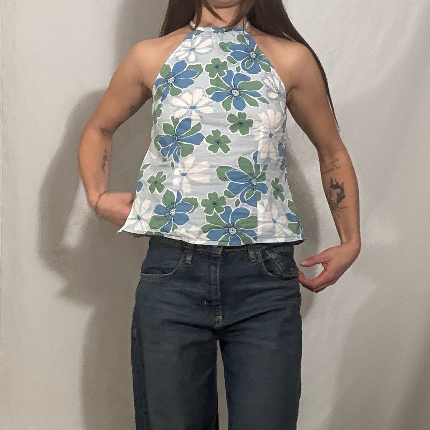 Vintage Y2K Blue and green floral halter top - Small