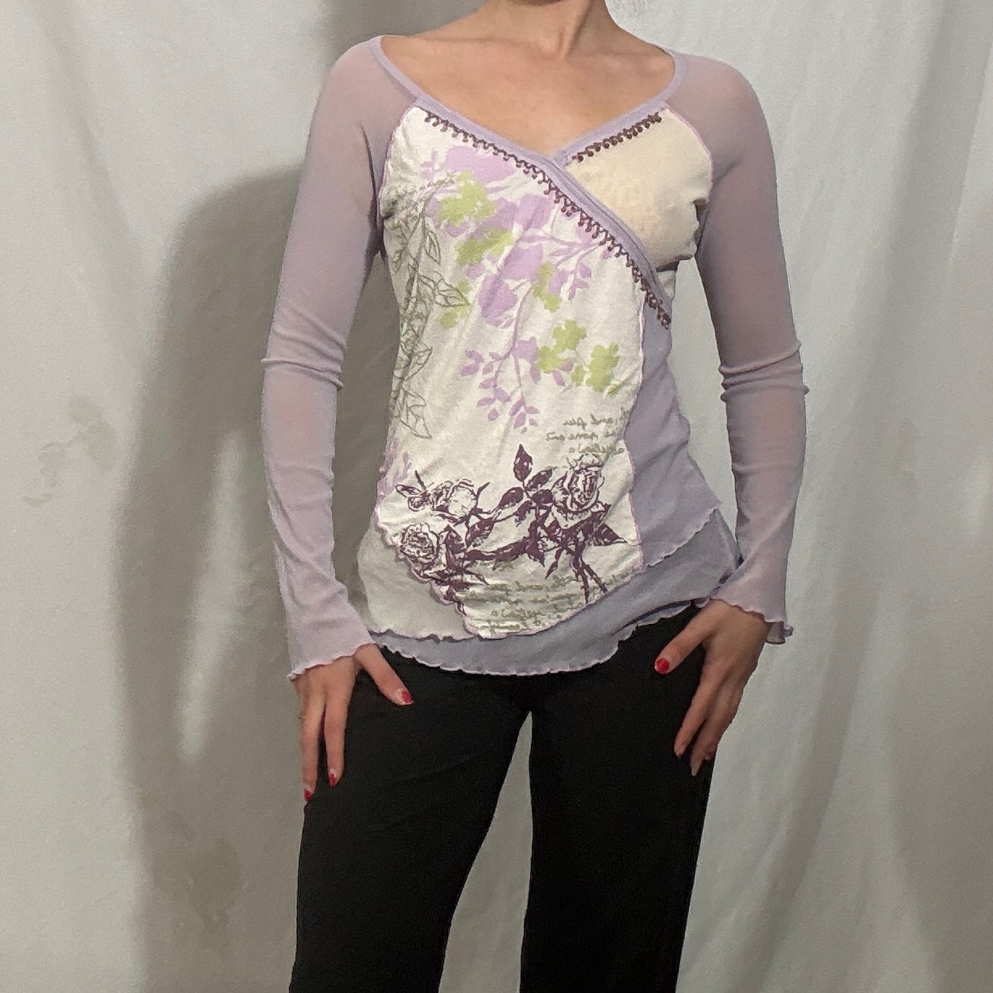 Vintage Y2K sheer graphic long sleeve top - Medium