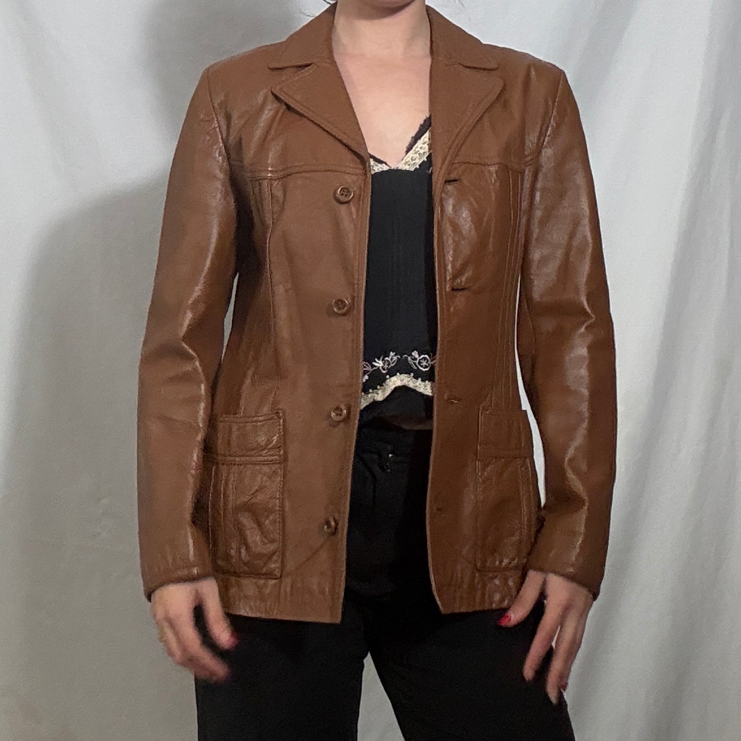 Vintage brown blazer style button up leather jacket - Small