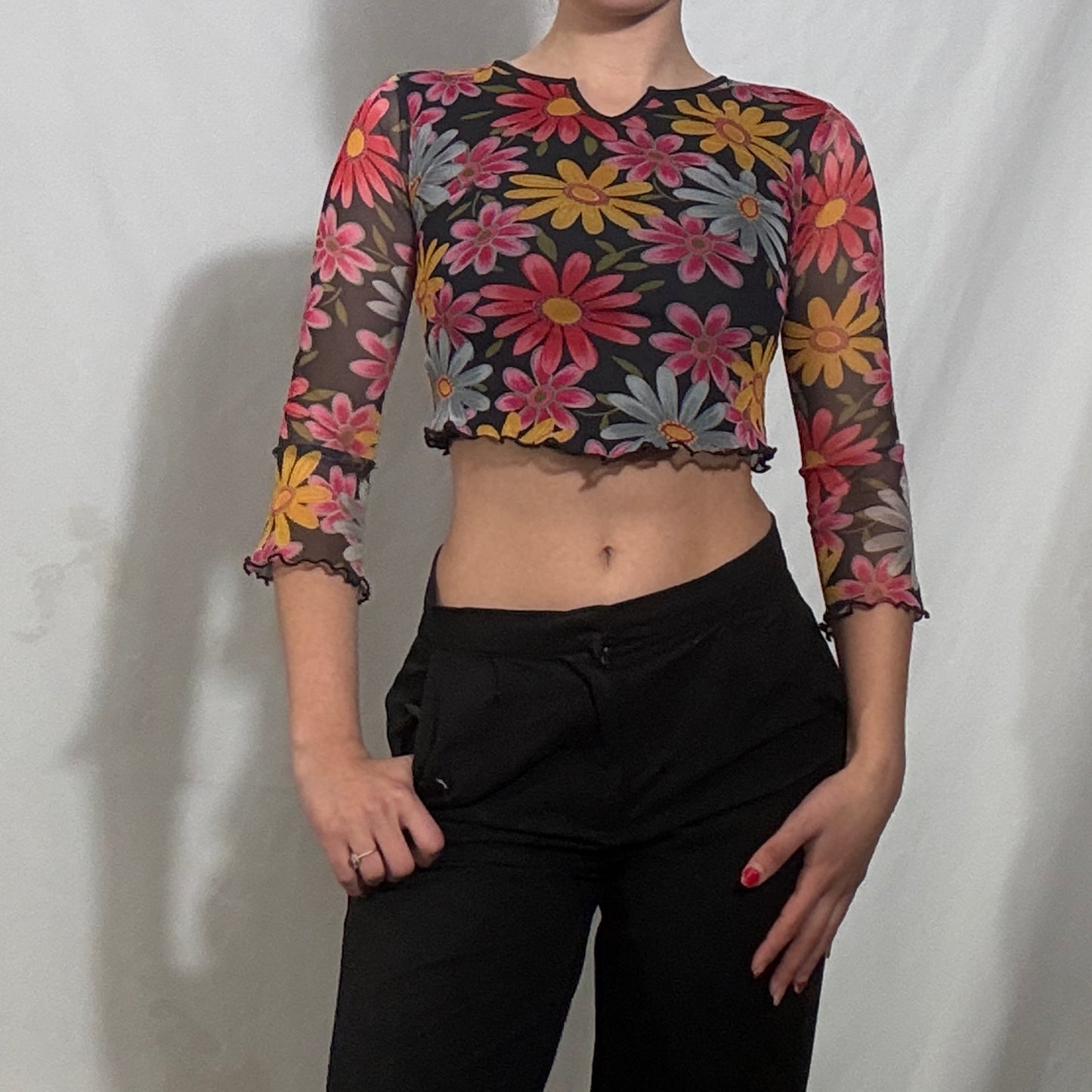 Vintage Y2K long sleeve mesh crop top with ruffle trim - XS