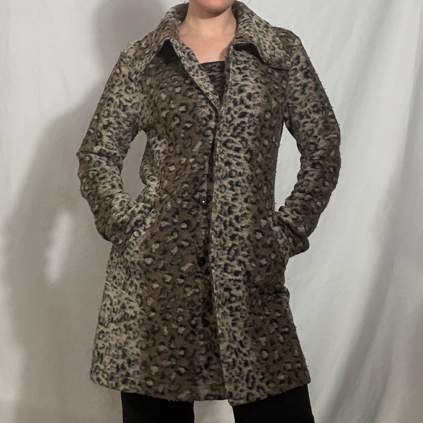 Vintage Y2K Brown and black leopard print coat with fur lining - Medium