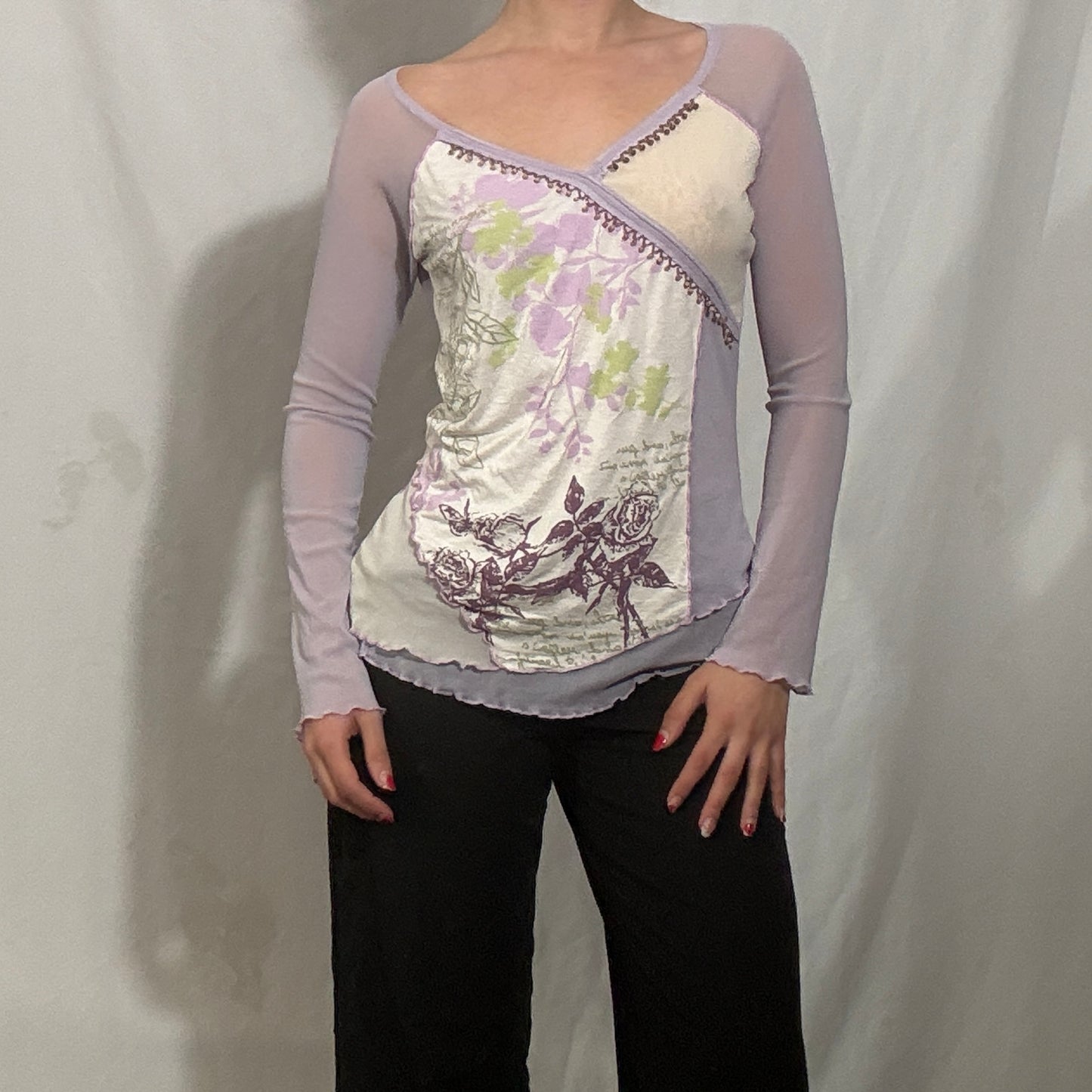 Vintage Y2K sheer graphic long sleeve top - Medium