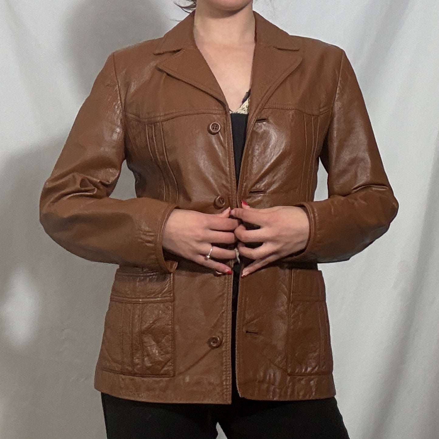 Vintage brown blazer style button up leather jacket - Small