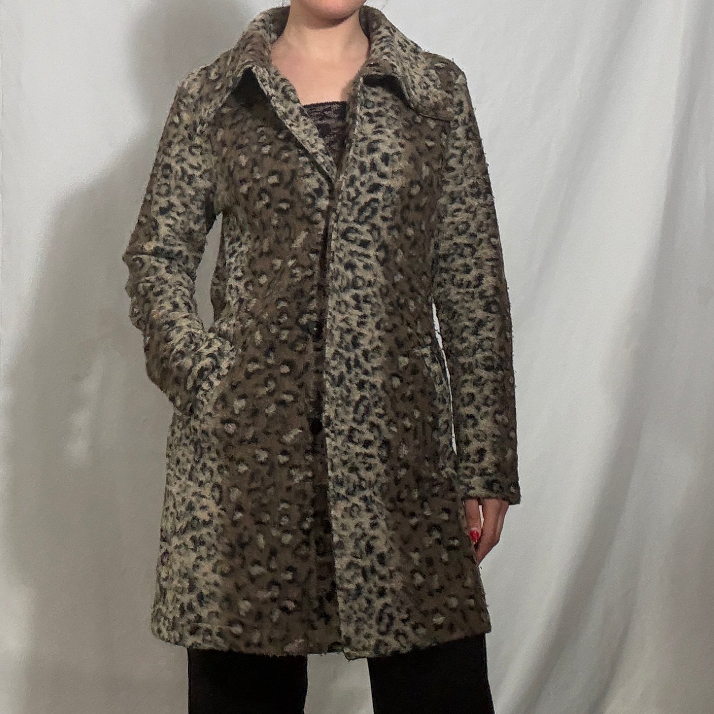 Vintage Y2K Brown and black leopard print coat with fur lining - Medium