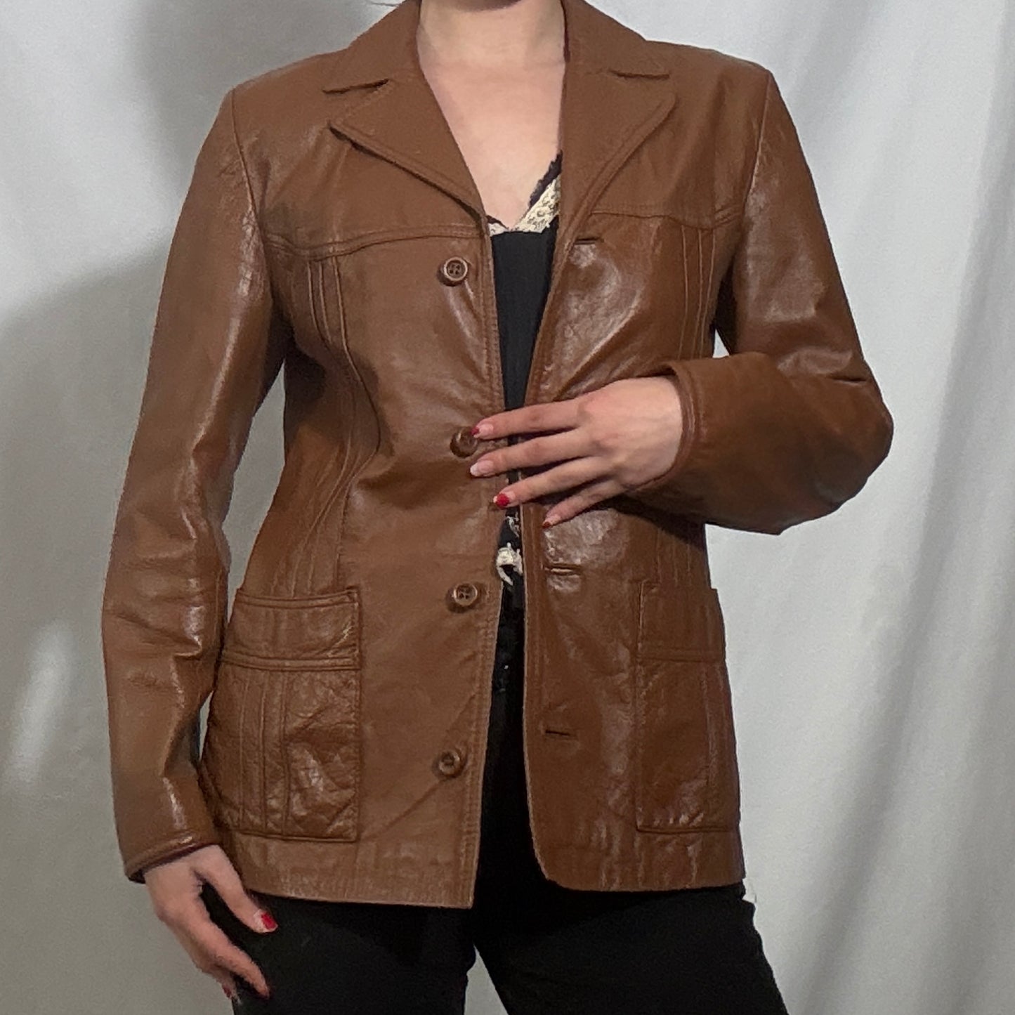 Vintage brown blazer style button up leather jacket - Small