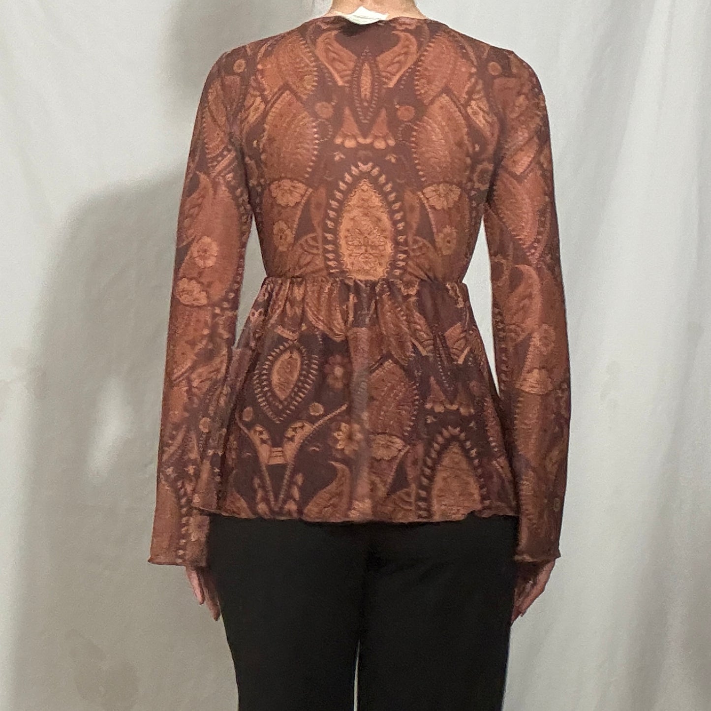 Vintage Y2K Brown paisley print bell sleeves top - Small