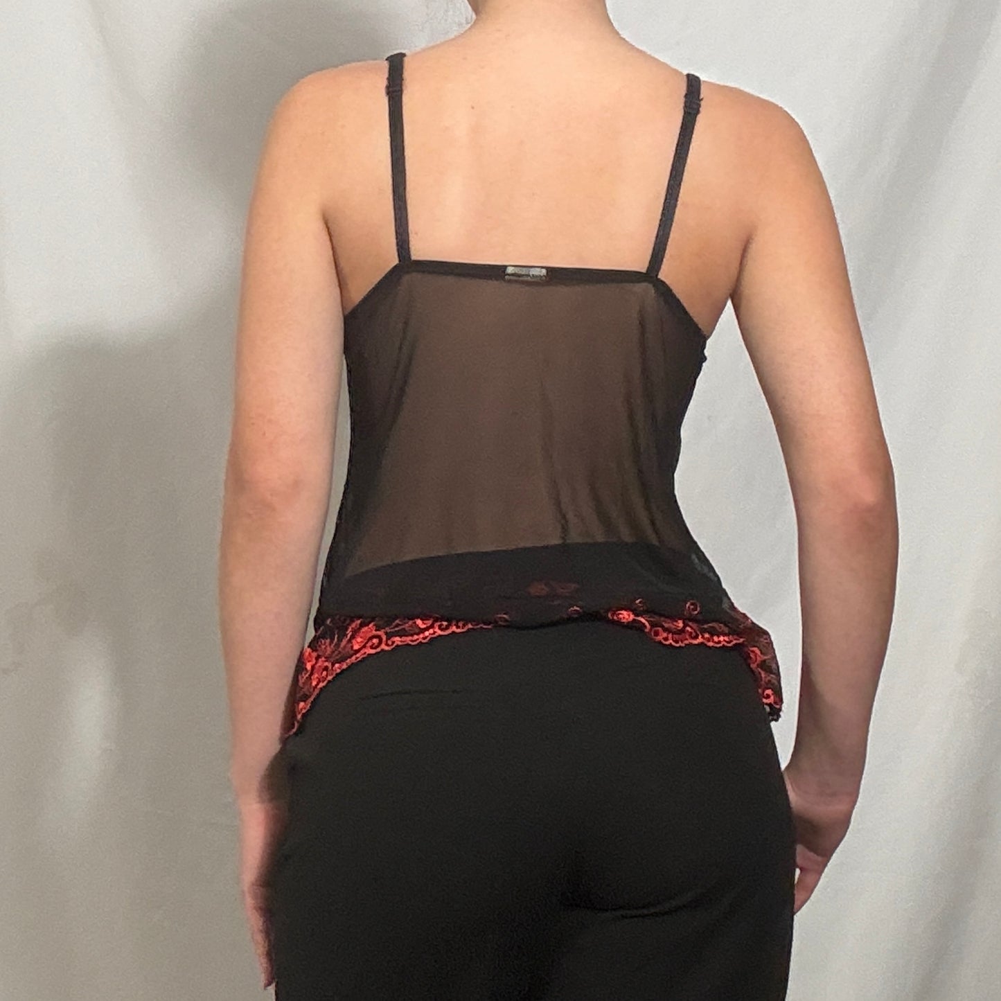 Vintage Y2K black lace sheer strappy cami top with red detailing - Small