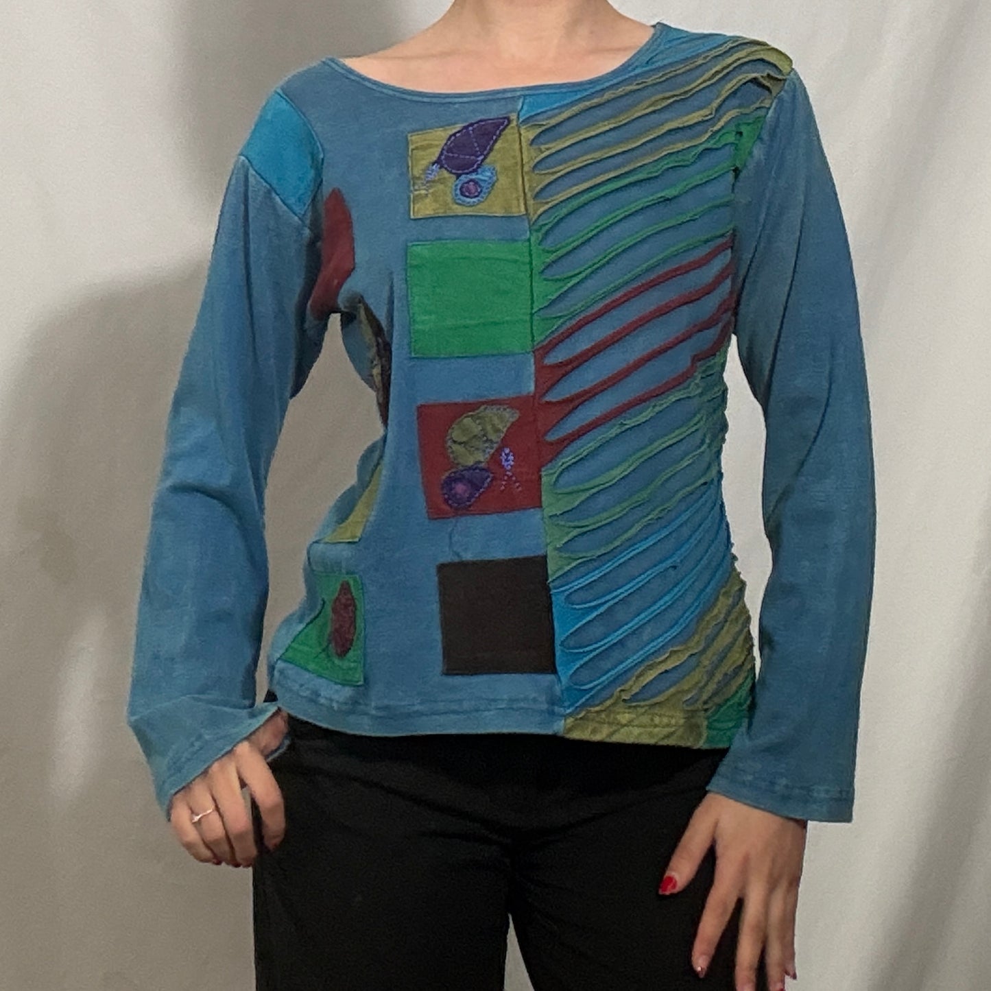 Vintage Y2K Blue and multi-coloured boho patchwork long sleeve top - Medium