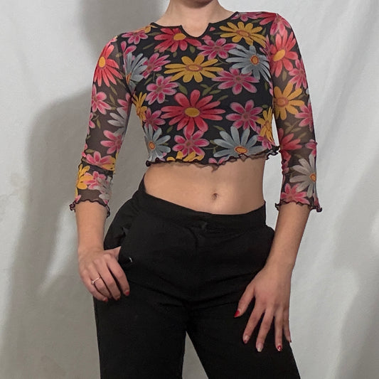 Vintage Y2K long sleeve mesh crop top with ruffle trim - XS