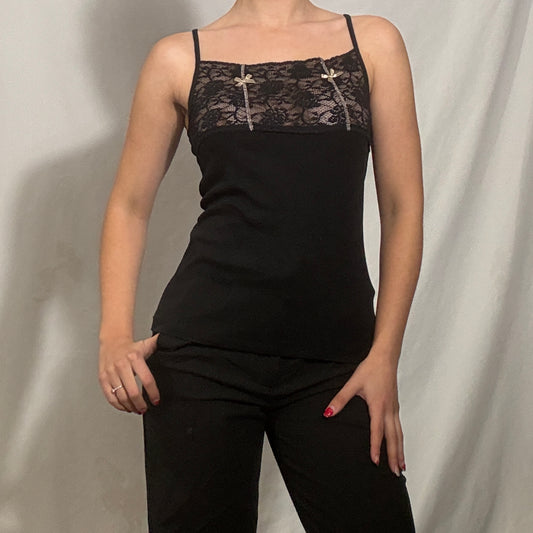 Vintage Y2K Black lace cami top with gold details - Small